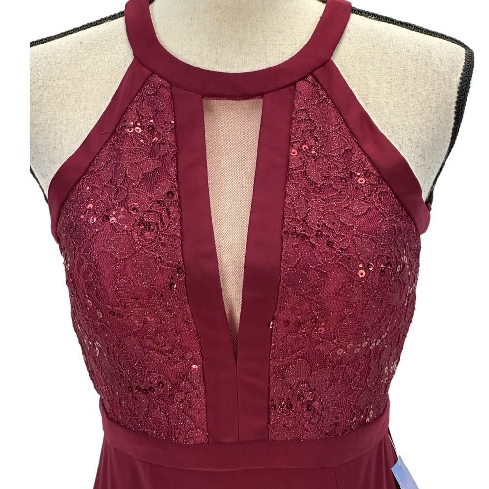 Nightway Sleeveless Halter Neck Sequin Lace Maxi Dress - Merlot Red - size 4P - Picture 2 of 12